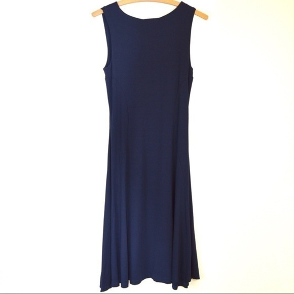 Navy Blue Twist Front Low Plunge Neck Jersey Knit Midi Dress, Size Small - Picture 4 of 8
